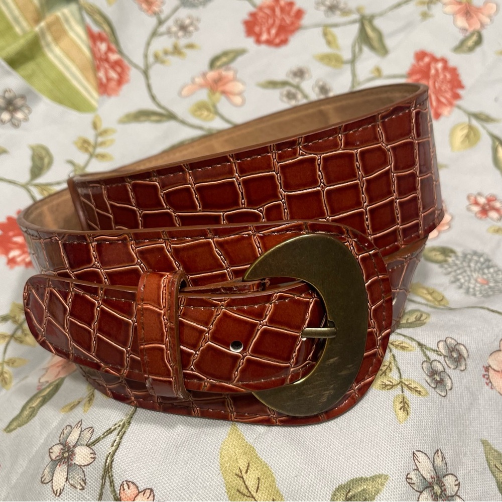 Retro Leather Croc Print Brown Belt - Picture 4 of 16
